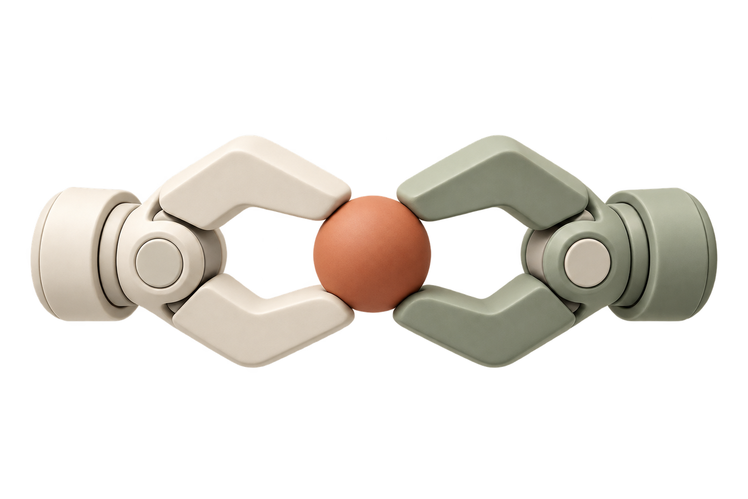 Two 3D robotic grippers jointly holding a sphere, representing collaboration